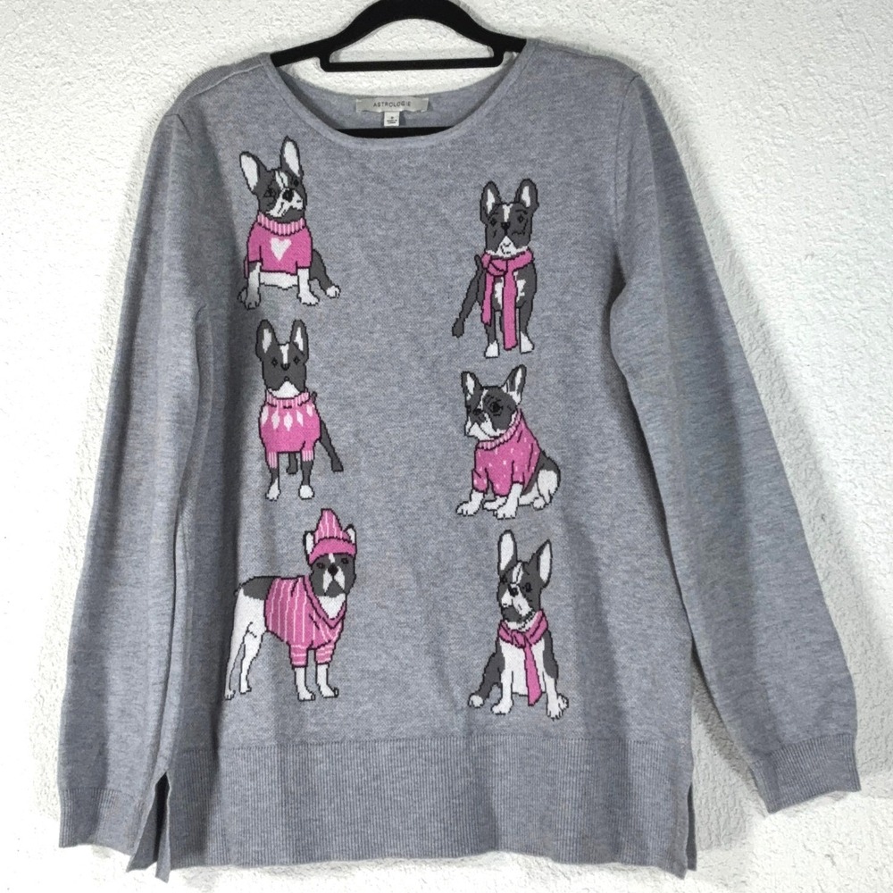 Astrologie Grey Frenchie Intarsia Sweater - Small - Dog Print Side Slit Knit